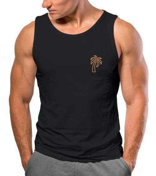 Mens Tank Top Palm Tree Logo Print Summer Badge Emblem Minimal Line Art Fashion