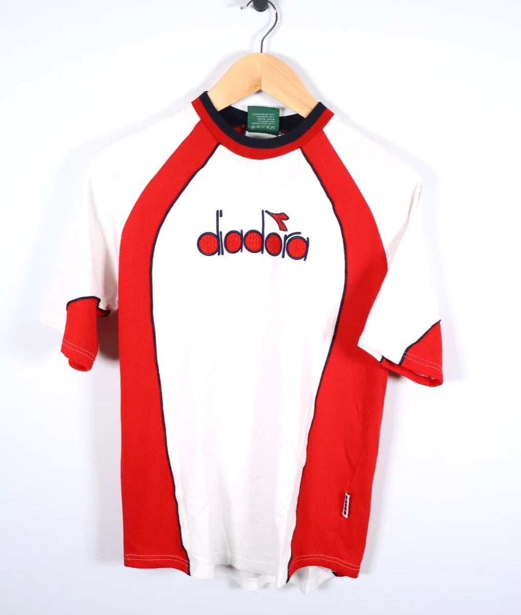 Diadora T-Shirt Men's Medium White Red Logo Embroidery Retro Soccer Cotton