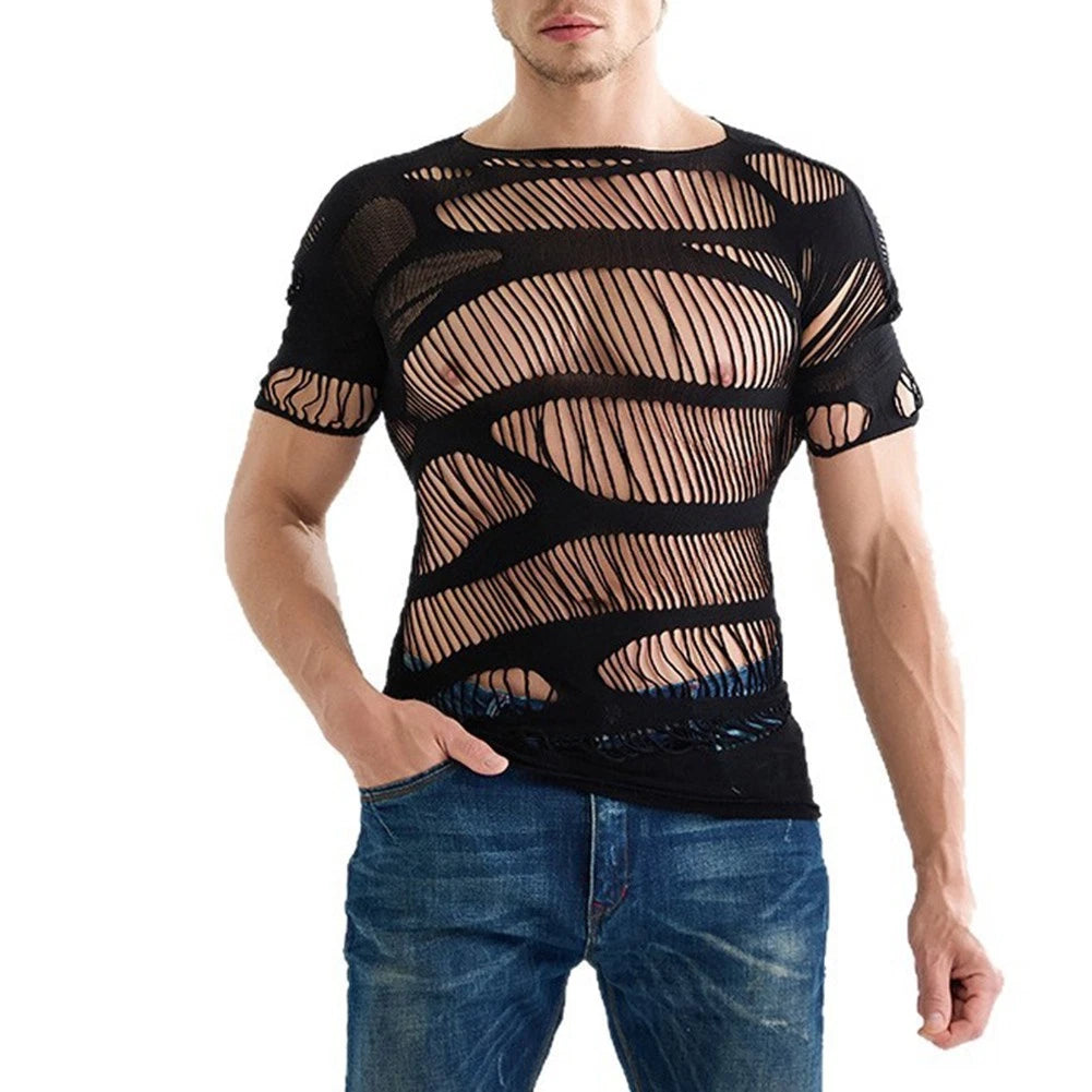 Trendy Men's Hollow Out Mesh T Shirts with Short Sleeves and O Neck Design