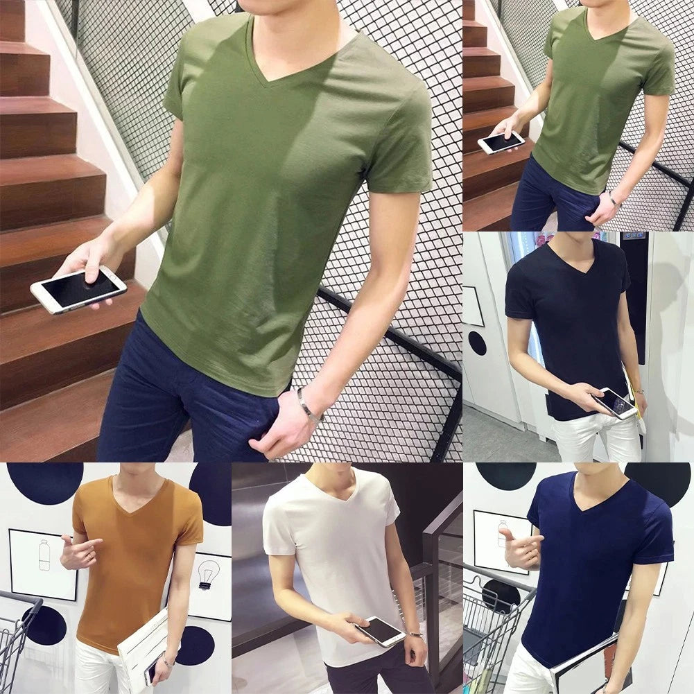Mens V Neck Tee Daily Wear Party Wear Short Sleeve Solid Color Regular Length