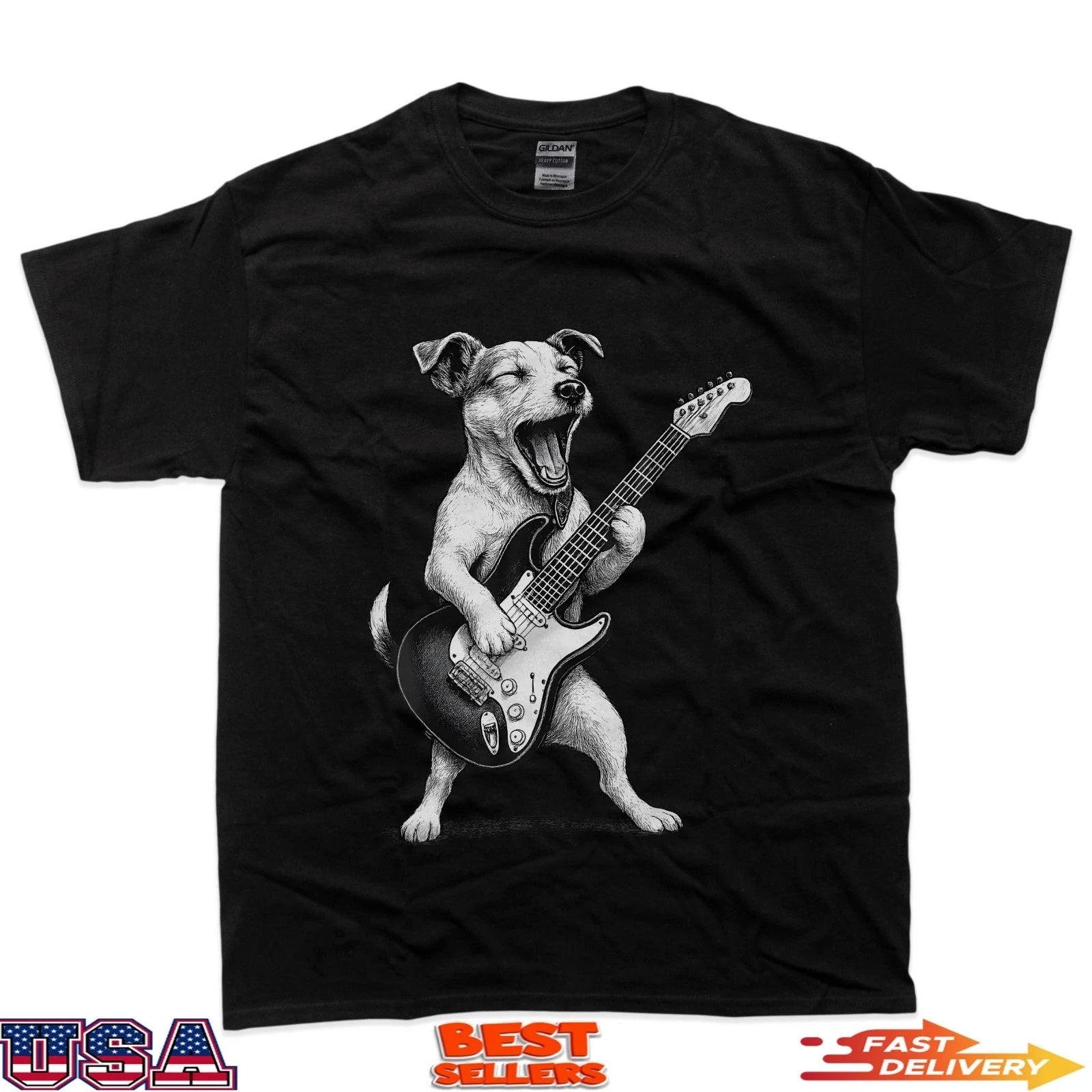 Jack Russell Terrier Playing Guitar Rock Music Dog Lover T-Shirt