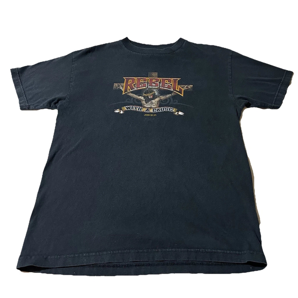 Vintage Y2K Rebel With A Cause Jesus Faded Black Biker Shirt Size Large
