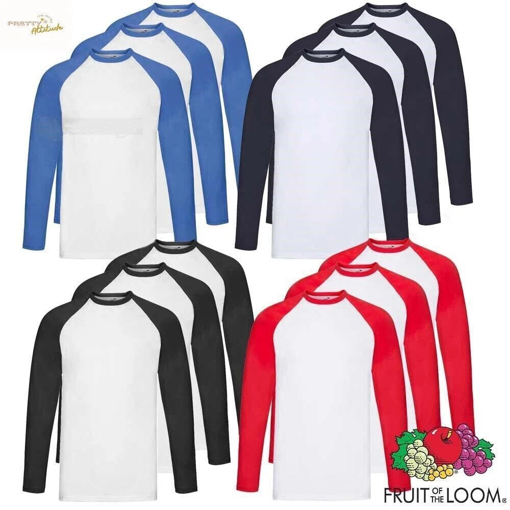 3 Pack Fruit Of The Loom Baseball T-Shirt Mens Long Sleeve Plain Tee Shirt