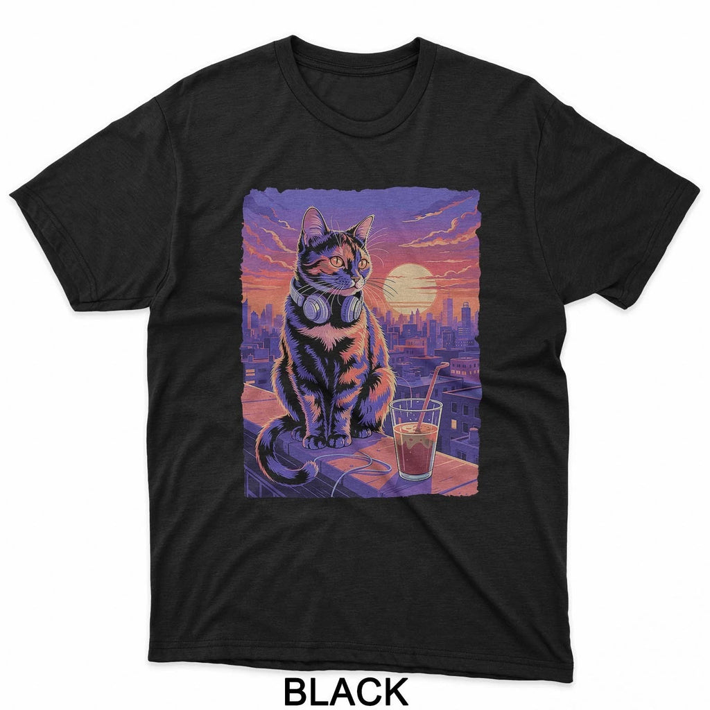 Cool Sunset Dj Cat Headphones Chill Urban Aesthetic T-Shirt