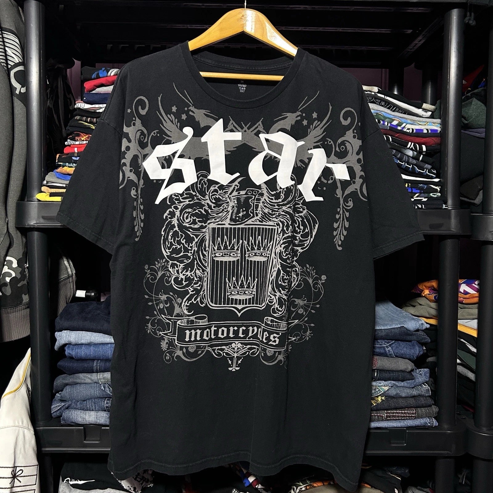 Y2K Star Motorcycles Yamaha Grunge Graphic T-Shirt Size 2XL