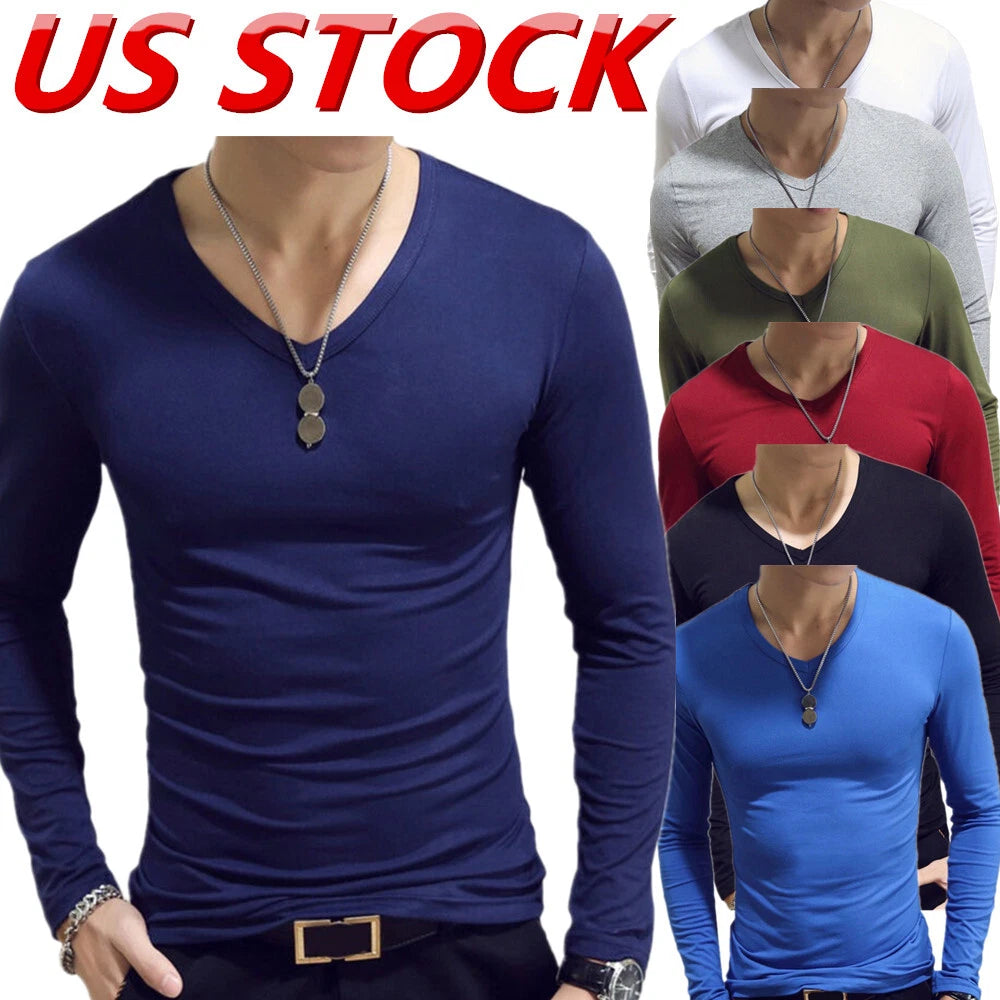 Men V Neck Shirt Muscle Tops Slim Fit Long Sleeve Stretch T-Shirt AU
