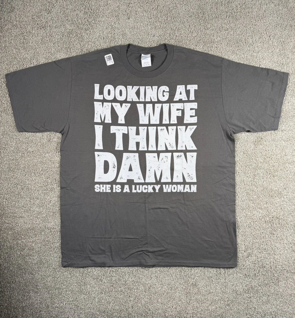 Husband Wife Shirt, She Is A Lucky Woman T-shirt, Dad Jokes Lover Funny T-shirt