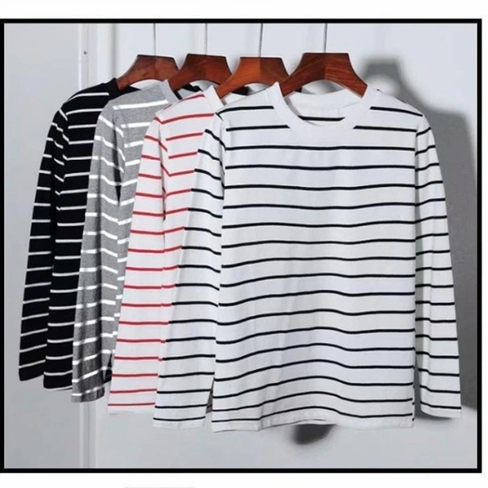Casual Men Striped Long Sleeve Oneck T Shirt Loose Fit Base Top for Daily Wear
