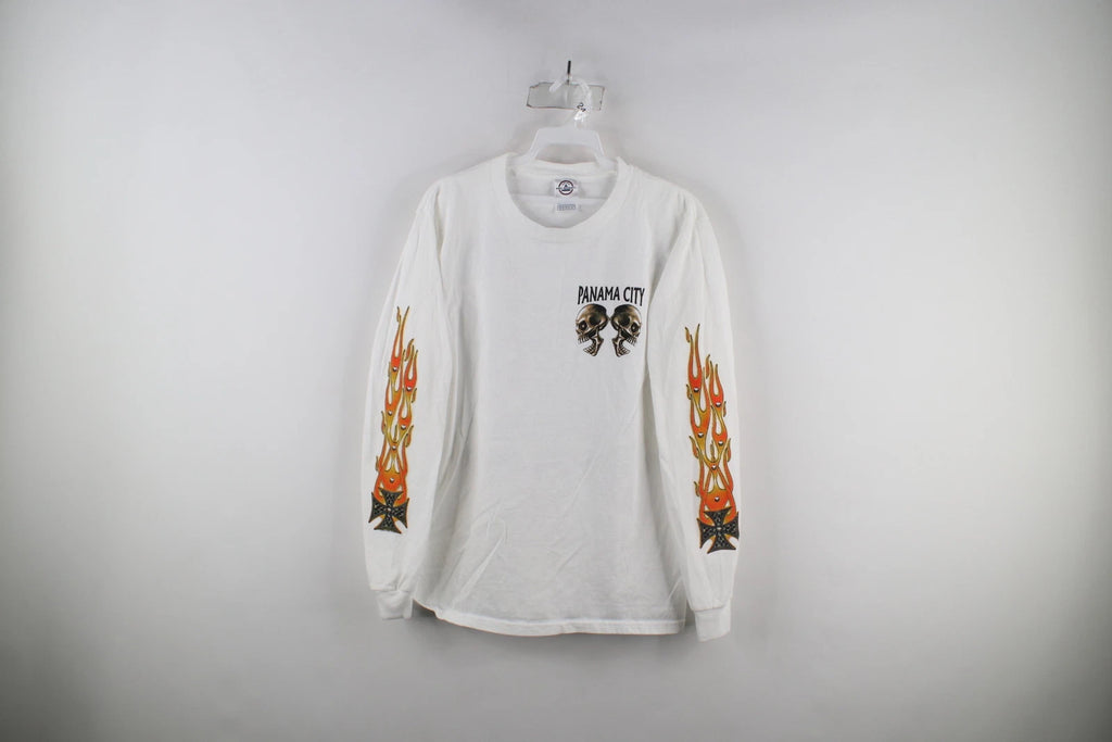Vtg Y2K Mens S Panama City Bike Week Skull Iron Cross Flames Long Sleeve T-Shirt