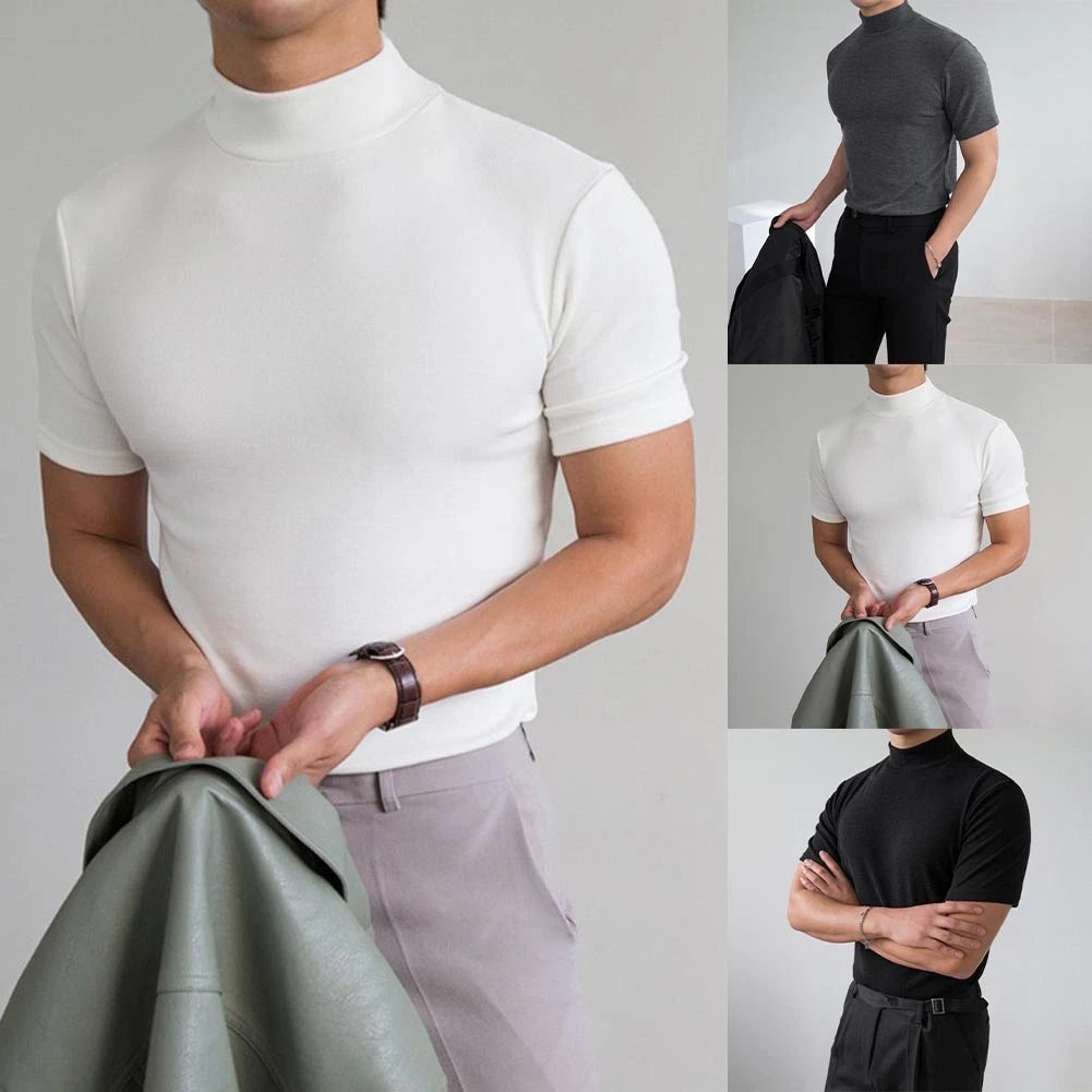 Half High Neck Slim Fit Men's T Shirt 80% Polyester 20% Spandex Casual Base Top