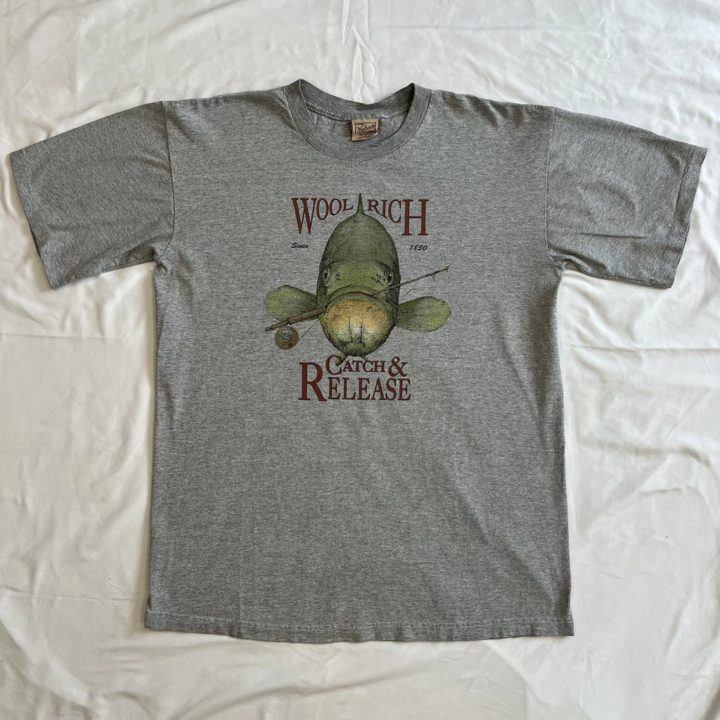 Vintage 90s Woolrich Gray Catch & Release Graphic Tee T Shirt Mens Size L Y2K