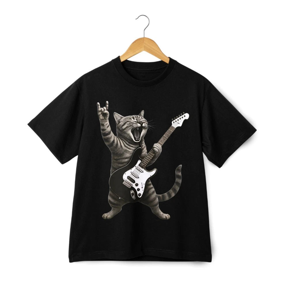 Rock'N Roll Cat Guitar Playing Funny Music Graphic T-Shirt Retro Kitty Tee