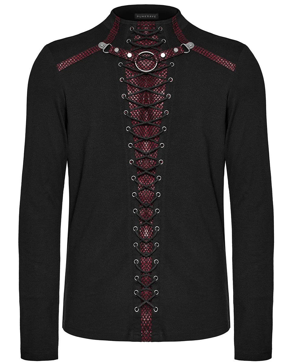 Punk Rave Mens Dark Gothic Punk Lace-Up Mesh Inset T Shirt Top Black Red