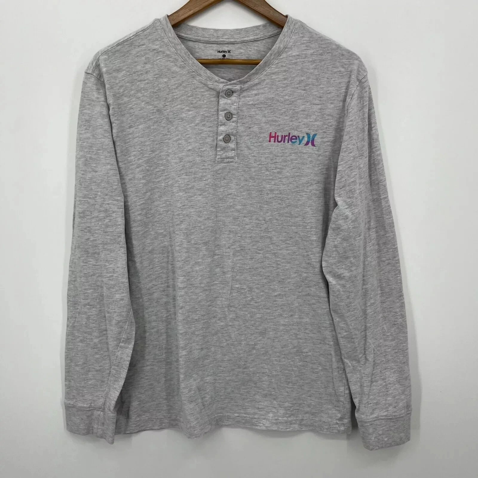 Hurley Long Sleeve Henley T-Shirt Men's L Gray Double Sided Logo Surf Y2K