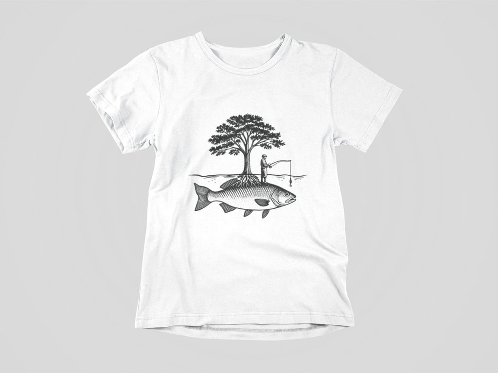 Surreal Fishing Tree Shirt Fisherman on Giant Fish Tee Nature Art Graphic Outdoo