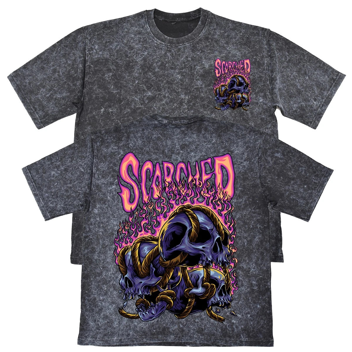 Scorched Mens Carbon Grey Heavyweight 240gsm Vintage T-Shirt Skull Fire Gift