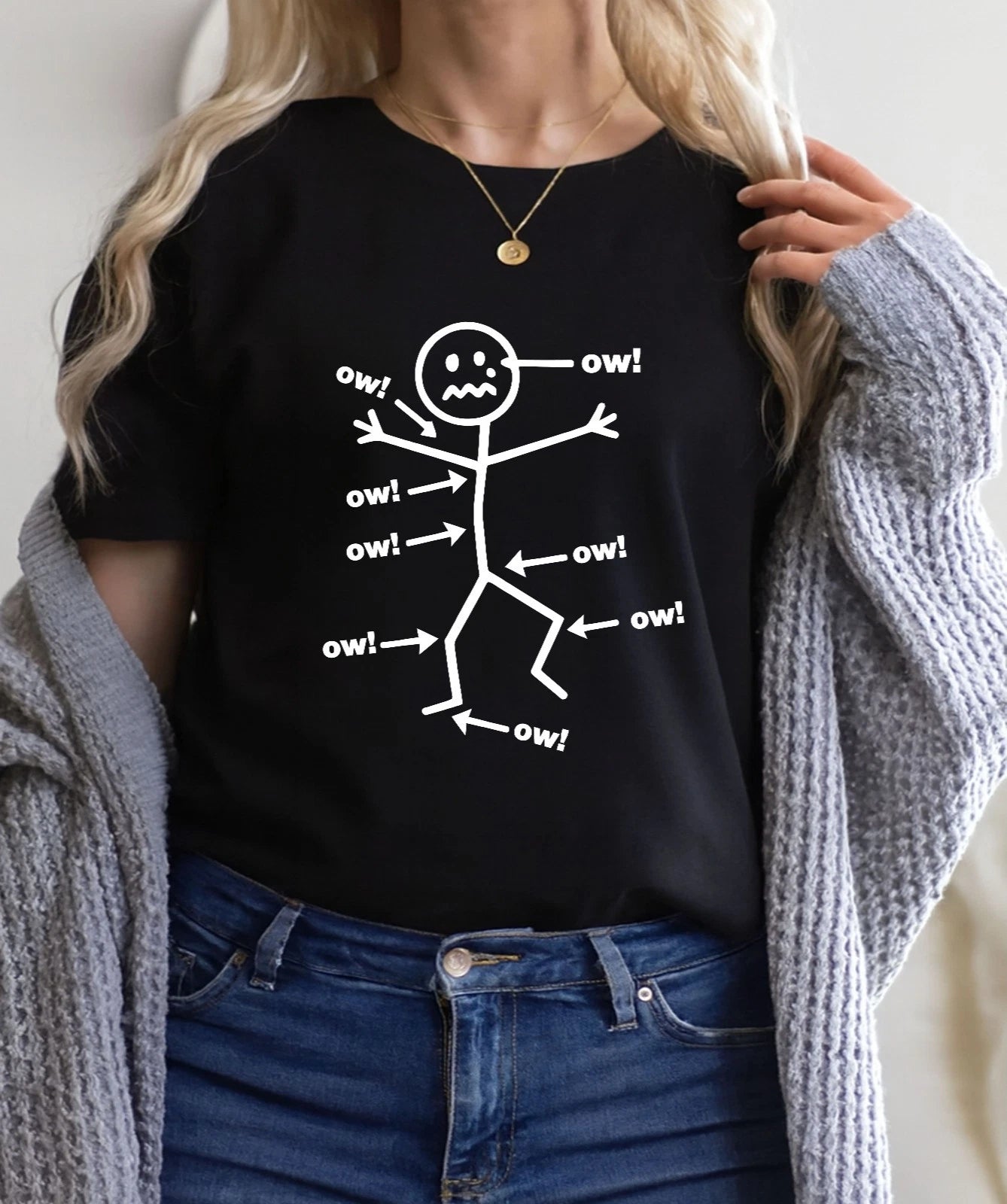 Funny “Ow!” Stick Figure T-Shirt, Pain Humor Graphic Tee, Sarcastic Meme Shirt