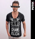 Pistol Boutique Men's T-Shirt Black Deep V Neck Fitted Jersey Cotton Crown