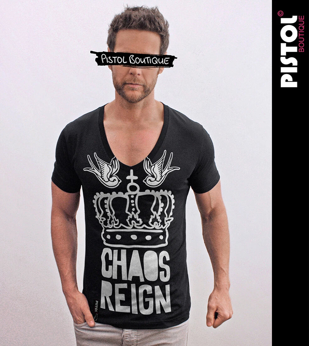 Pistol Boutique Men's T-Shirt Black Deep V Neck Fitted Jersey Cotton Crown