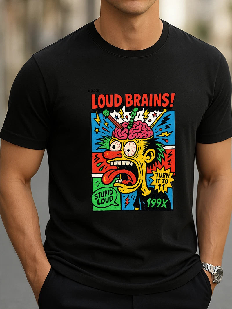 Loud Brains! 199X T-Shirt Retro Comic Style Crazy Face Graphic Tee Pop Art Tee