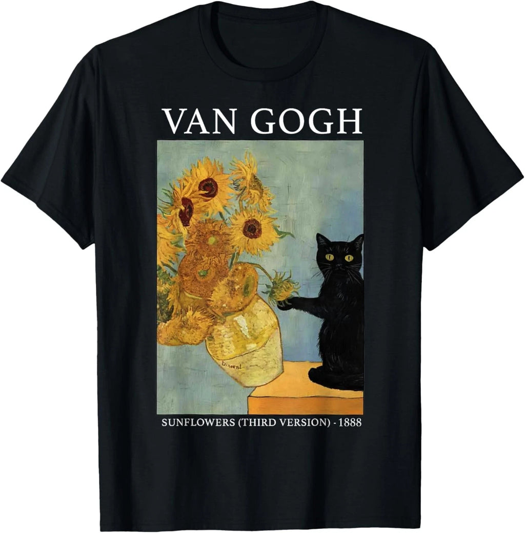 Van Gogh Black Cat With Sunflowers Funny Cat T-Shirt unisex T-Shirt