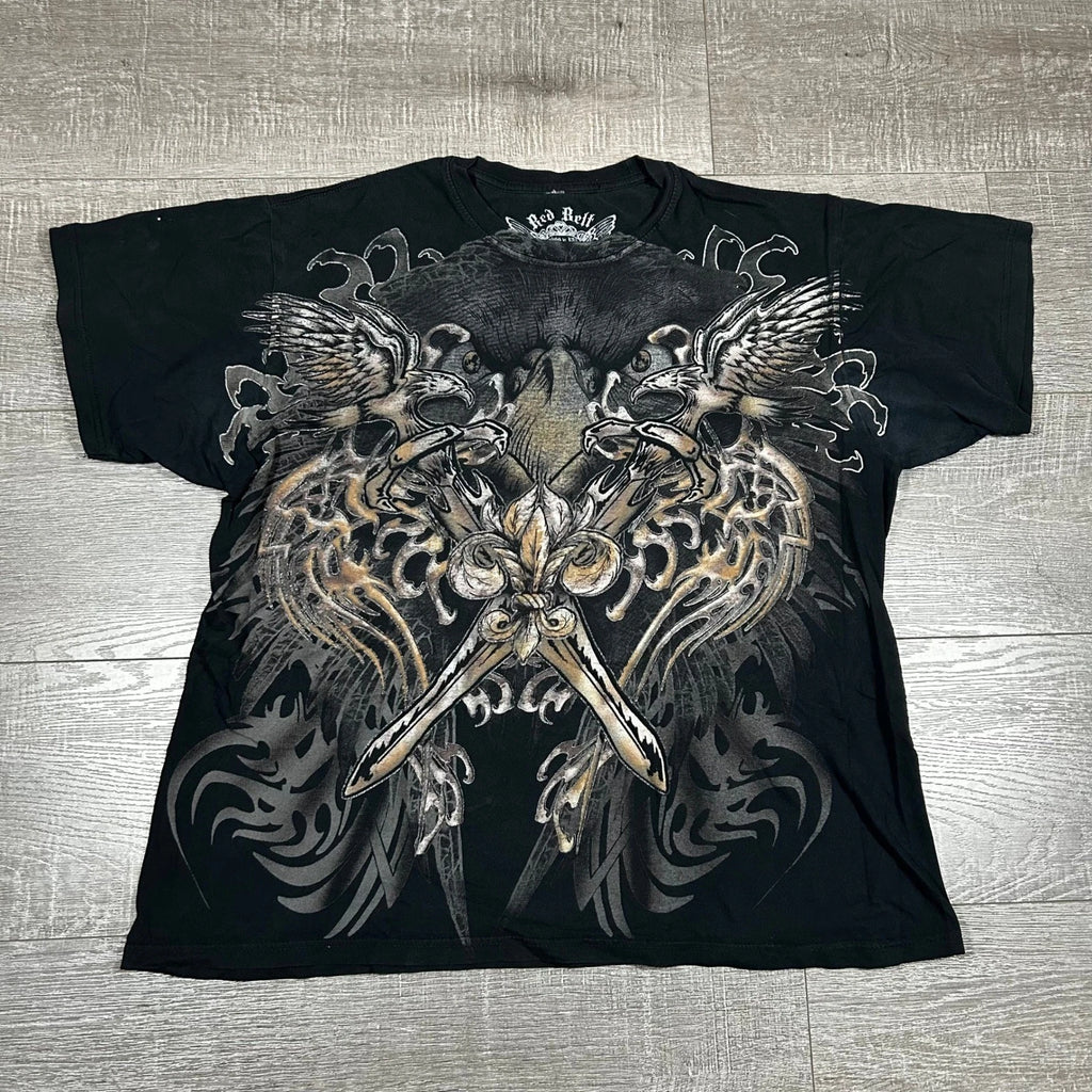 Red Belt Mens Graphic T-Shirt Black Eagle Sword Fleur De Lis Y2K Gothic L