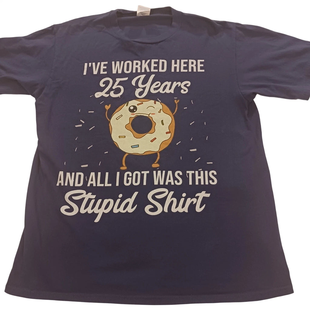 Funny 25 Years Worked Donut Graphic T-Shirt Mens Medium Navy Blue Office Tee