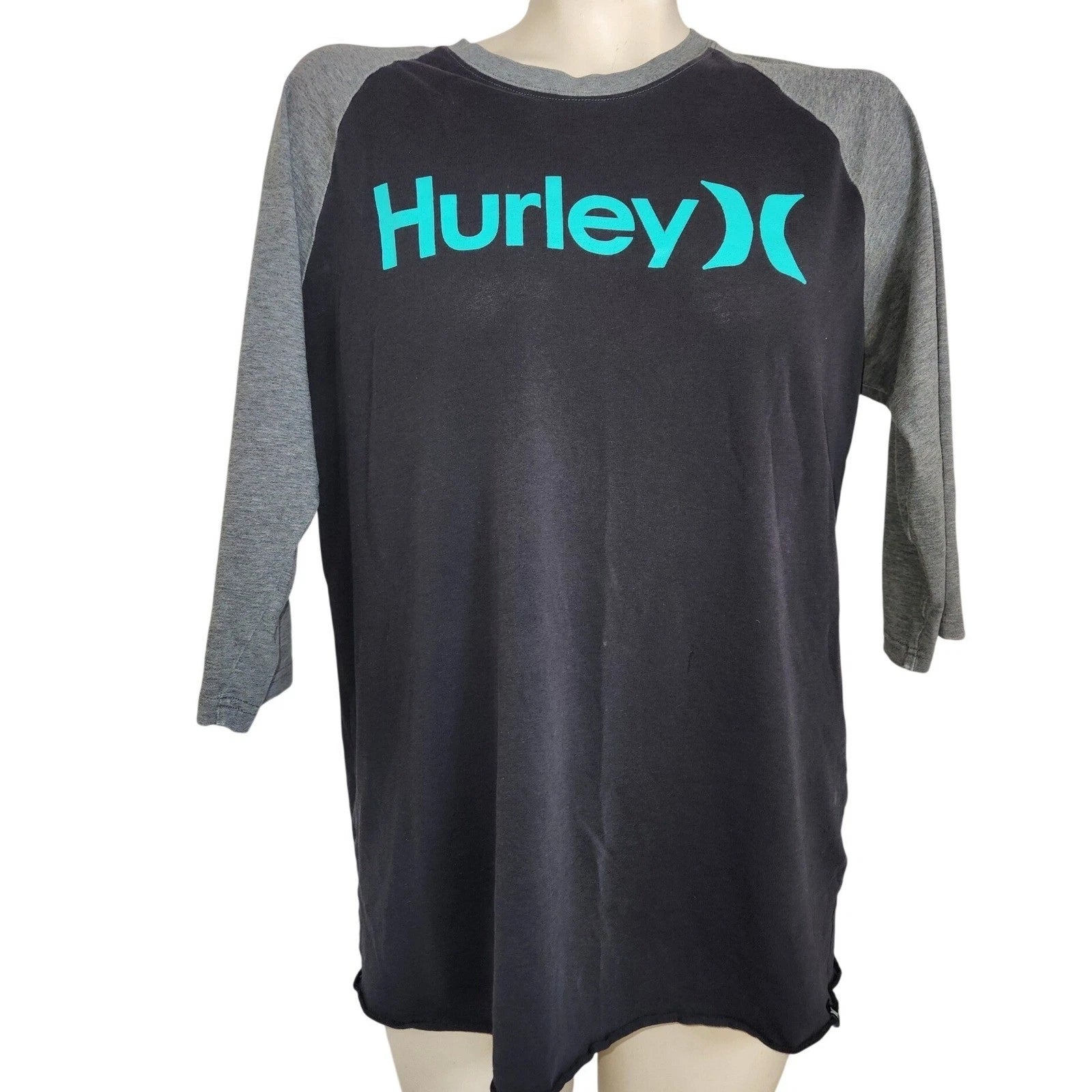 Hurley Mens Raglan 3/4 Sleeve T-Shirt Black Gray Teal Logo Size M outdoor casual