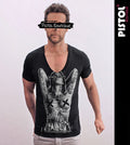 Pistol Boutique Men's Fitted Black Deep V Neck NAKED TATTOO GIRL T-shirt
