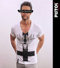 Pistol Boutique Men's Fitted White Deep V neck SWALLOWS HEART CROSS T-shirt