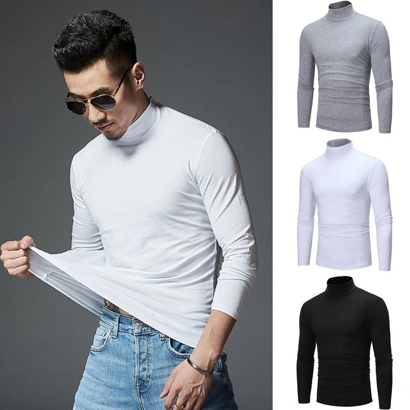 Stylish Slim Fit Turtleneck Pullover Tops for Men Long Sleeve Solid Tee