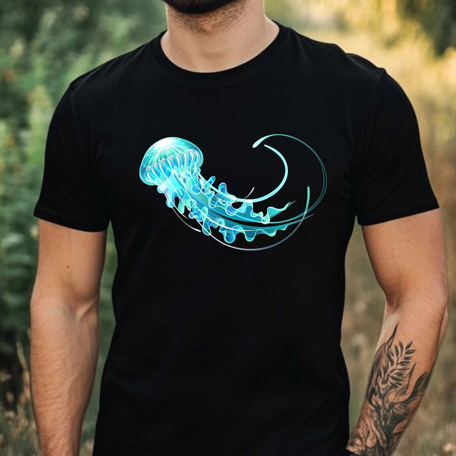 Mens Blue Jellyfish Motif Cotton T-Shirt Size XS to 5XL