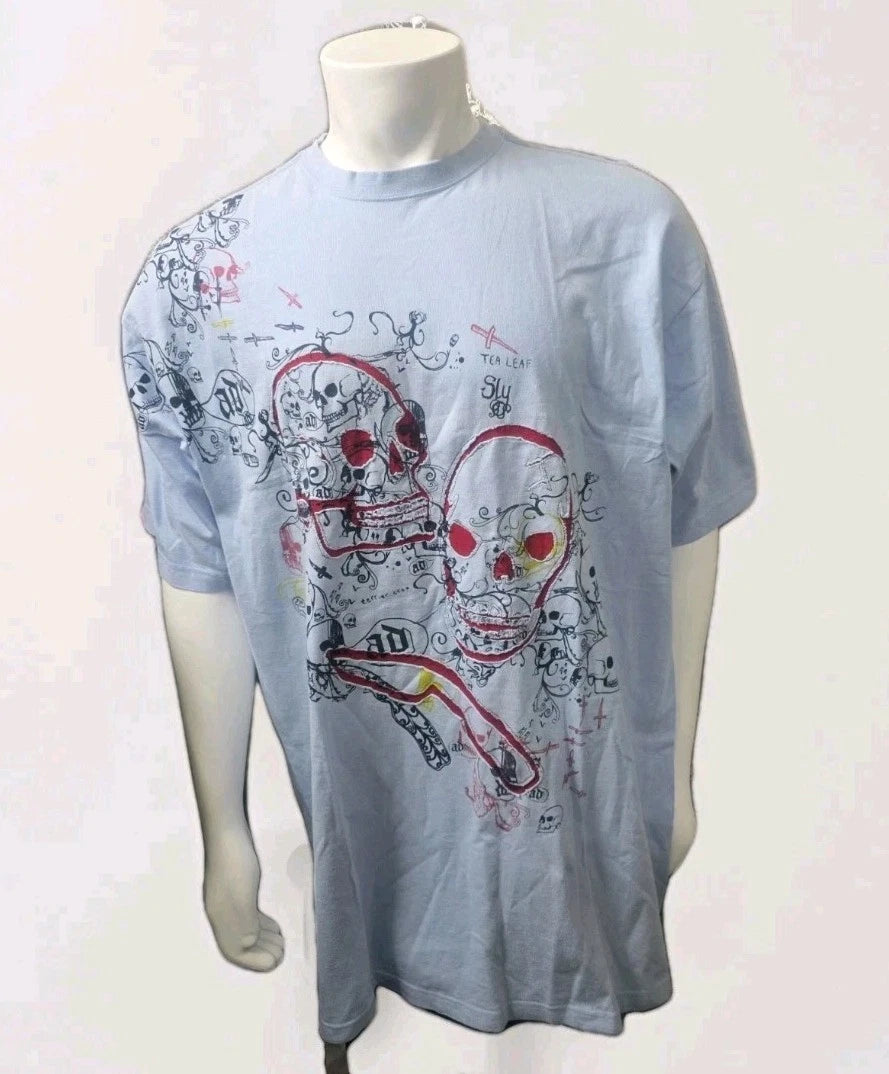 Vintage Y2K Artful Dodger Skull Knife Full Print Tee 2XL Light Blue