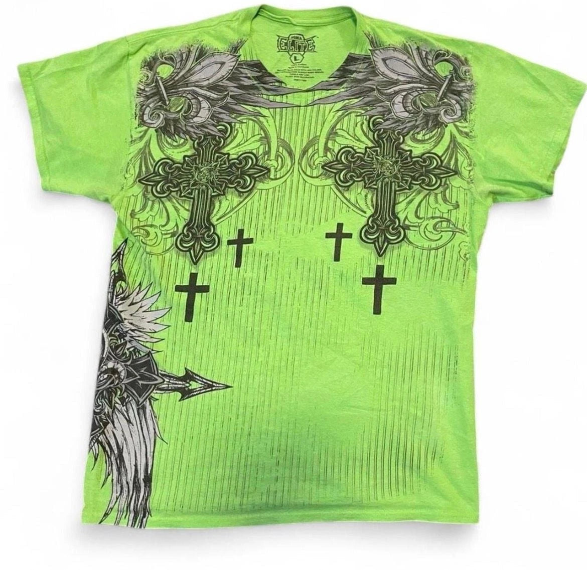 Vintage MMA Elite Neon Green Graphic T-Shirt Y2K Cross Design Size Large