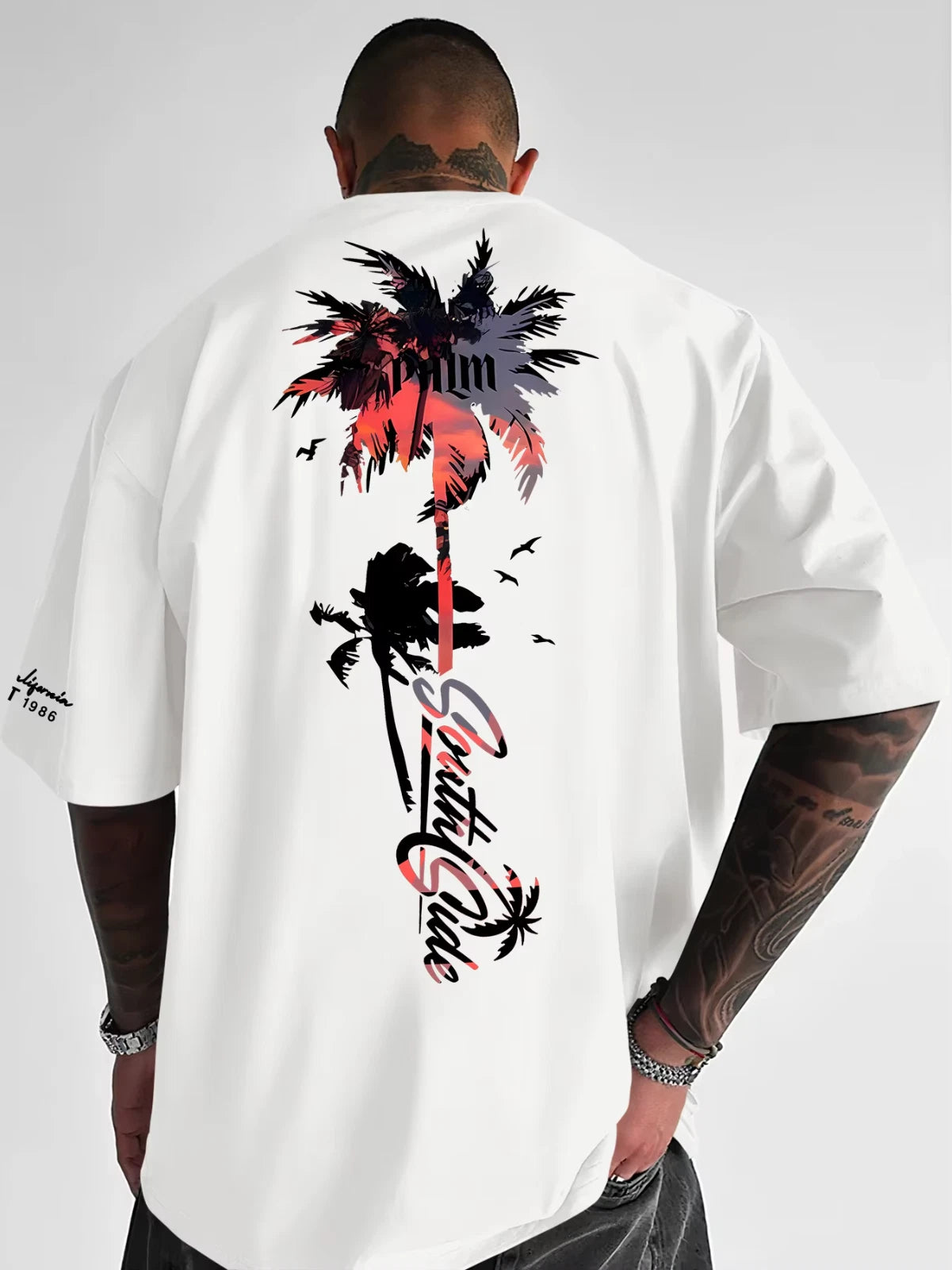 2026 New Tropical Sunset Palm Tree Graphic T-shirt, Men's Summer Streetwear Tee