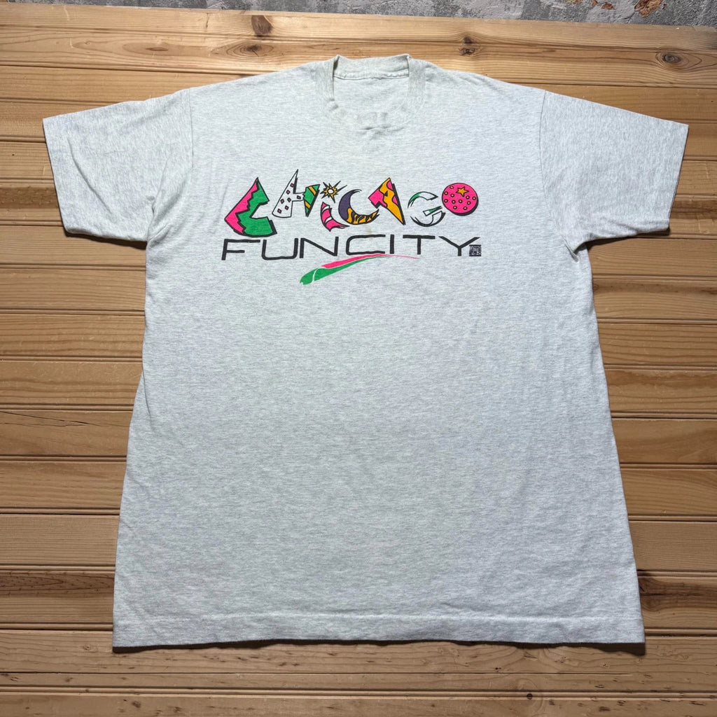 Vintage 80s Chicago Fun City Illinois Neon Pop Art Graphic Heather T-Shirt - XL