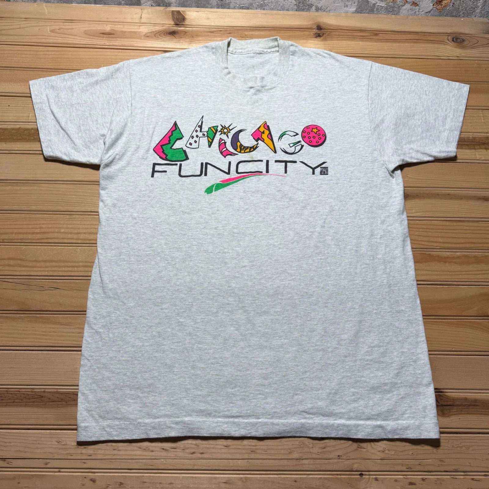 Vintage 80s Chicago Fun City Illinois Neon Pop Art Graphic Heather T-Shirt - XL