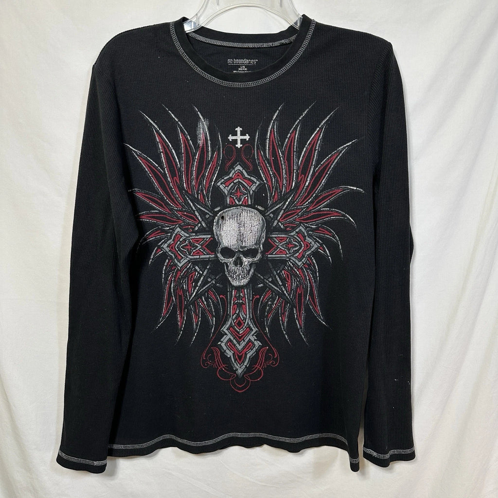 Vintage No Boundaries Y2K Skull Cross Wings Double Sided Distressed Waffle Knit