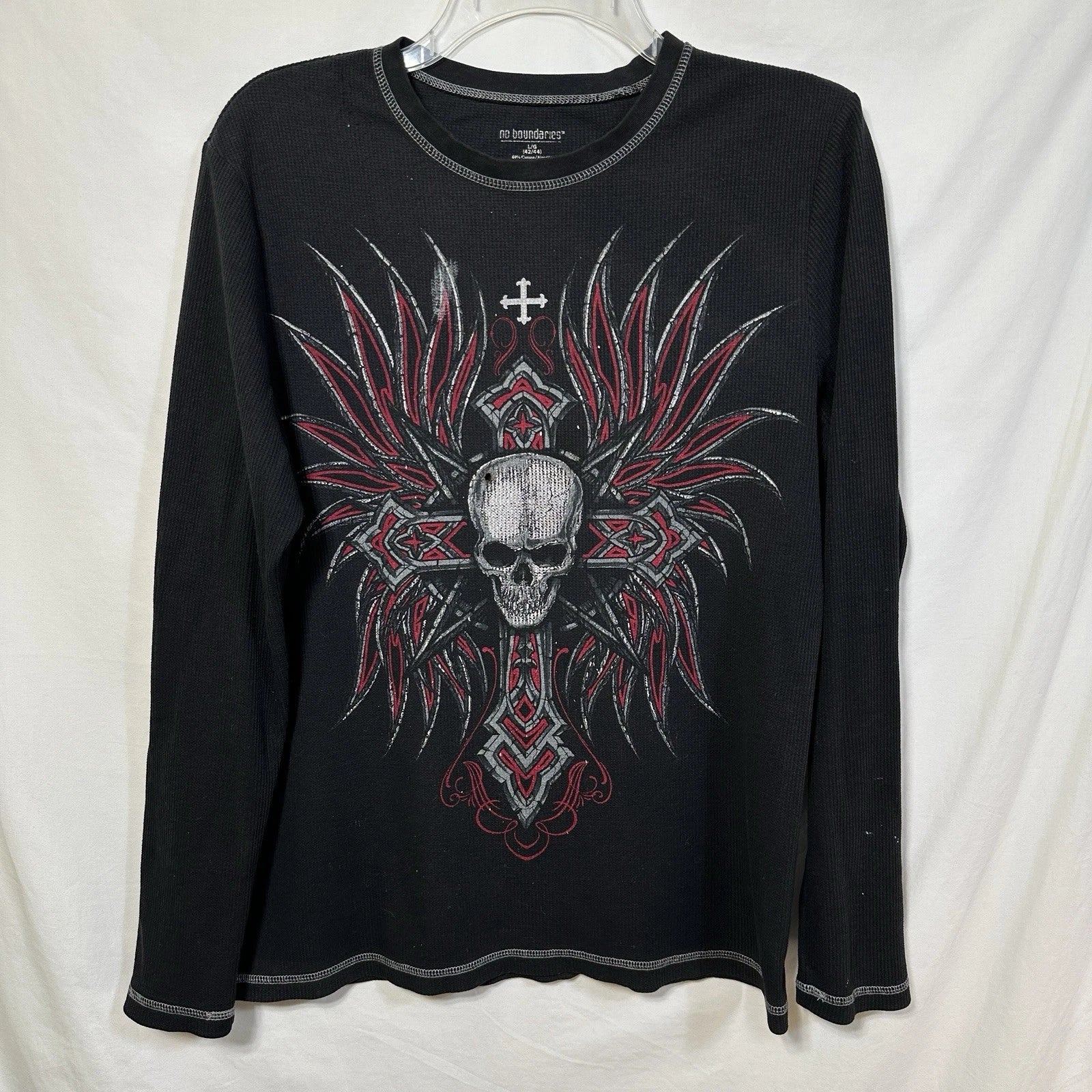 Vintage No Boundaries Y2K Skull Cross Wings Double Sided Distressed Waffle Knit