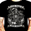 Live Fast Ride Hard T-Shirt Grim Reaper Biker Skull Motorcycle Gothic Mens Tee