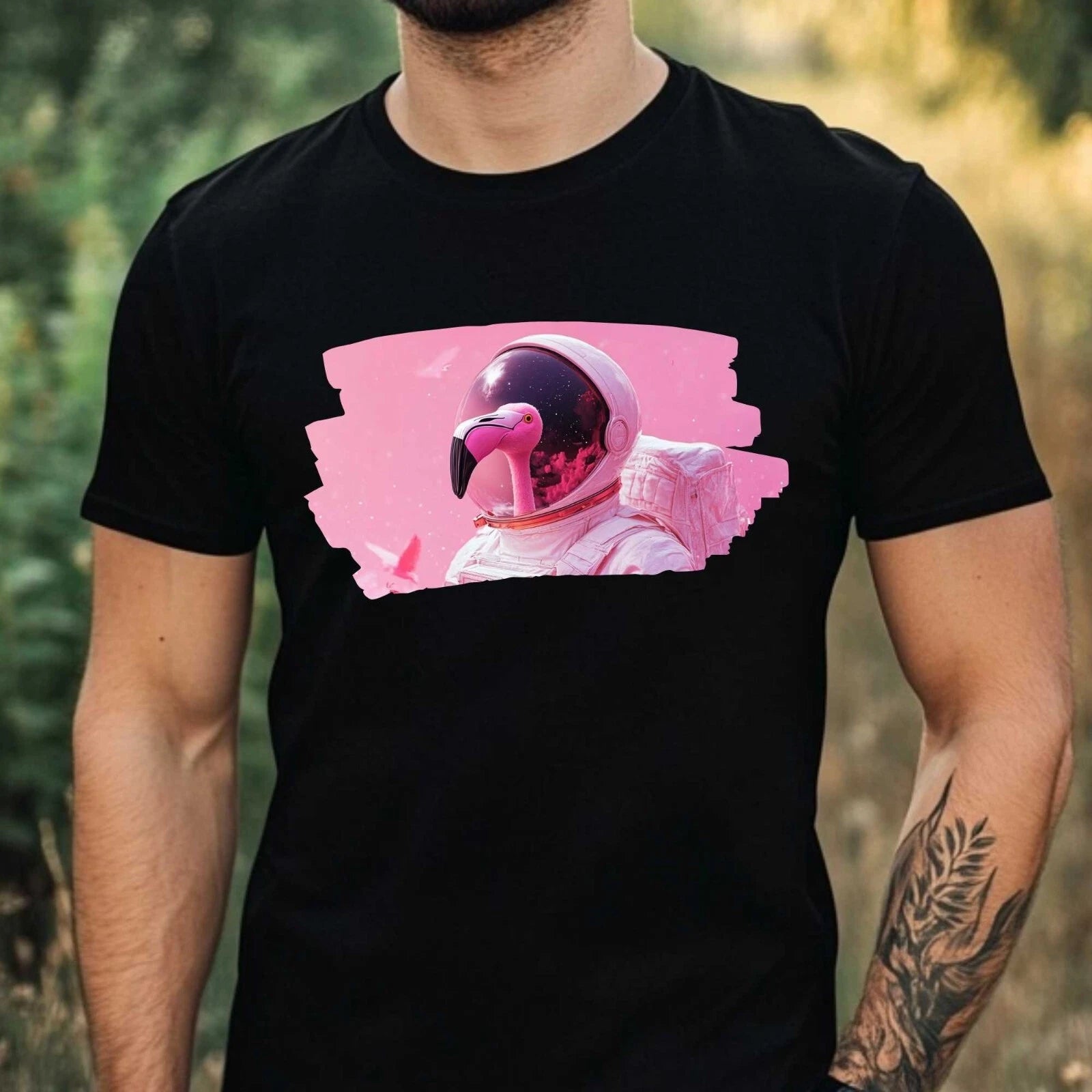 Mens Flamingo Astronaut Print Cotton T-Shirt Size XS to 5XL