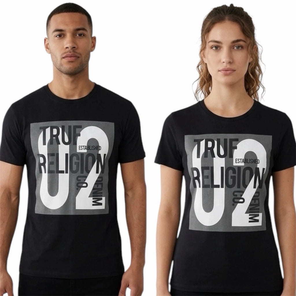 $79 TRUE RELIGION Black TEXT ART Short Sleeve Designer Graphic T-shirt NWT