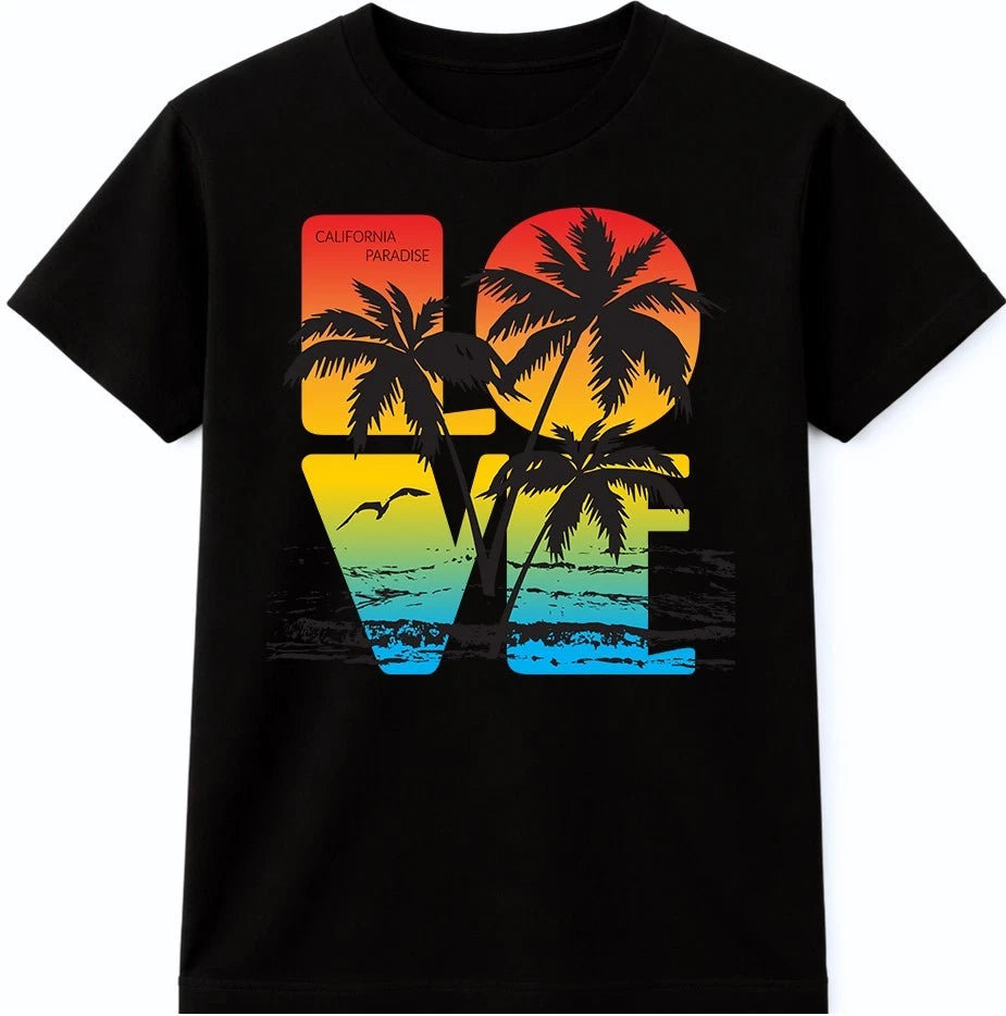 Retro Sunset Palm Trees LOVE T-Shirt Unisex | Beach Summer Tropical Holiday Tee