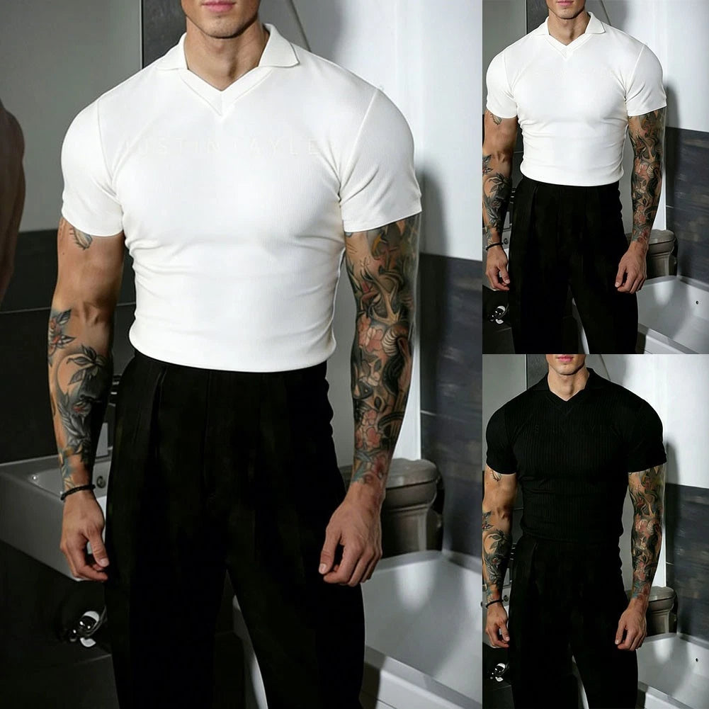 Men's Casual Short Sleeve Top with Lapel Collar Slim Fit Polyester Blend