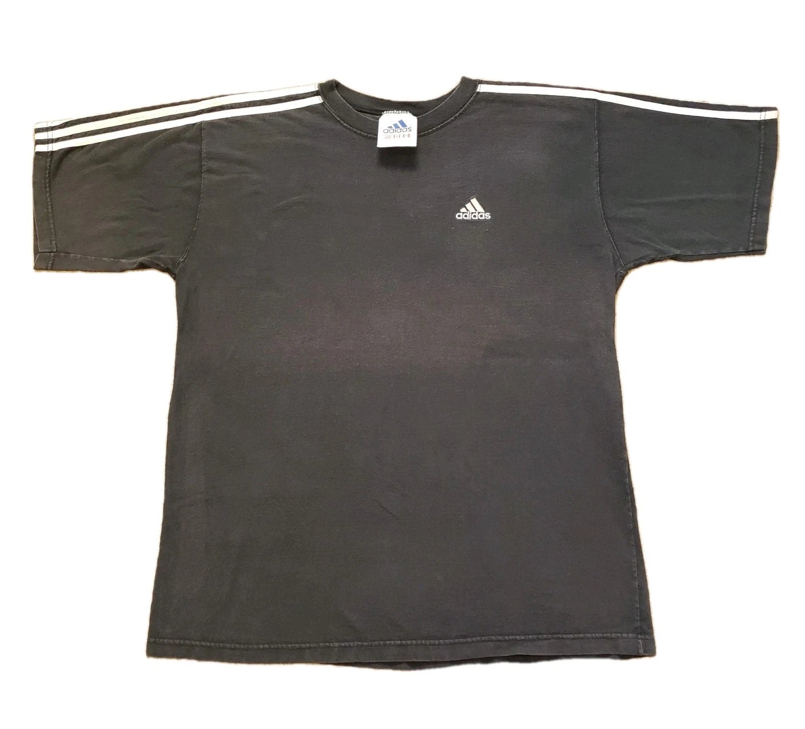 Vintage 90s Y2K Adidas 3 Stripe Essential Size Medium Mens Faded Black T-Shirt