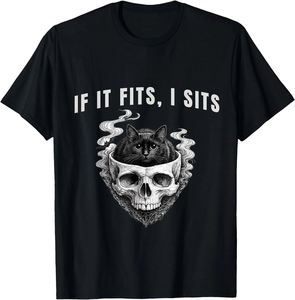 If It Fits, I Sits Black Cat Skull Spooky Minimalist T-Shirt