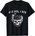 If It Fits, I Sits Black Cat Skull Spooky Minimalist T-Shirt