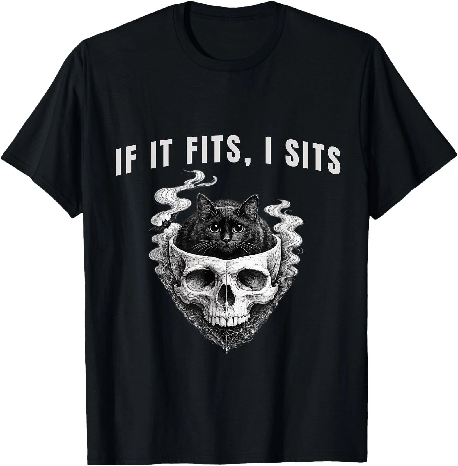 If It Fits, I Sits Black Cat Skull Spooky Minimalist T-Shirt