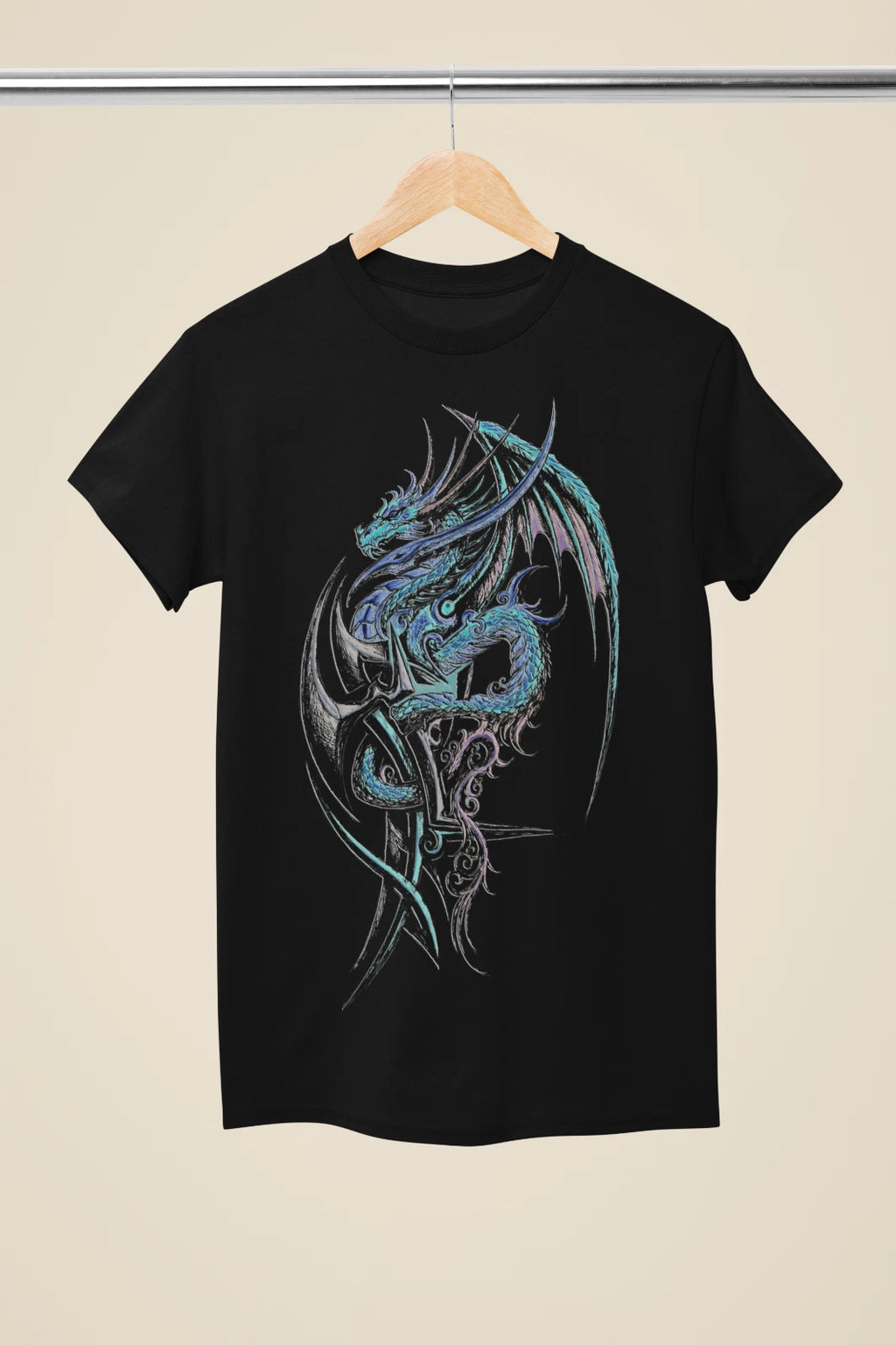 Fantasy Neon Dragon Tattoo Inspired Black T-Shirt
