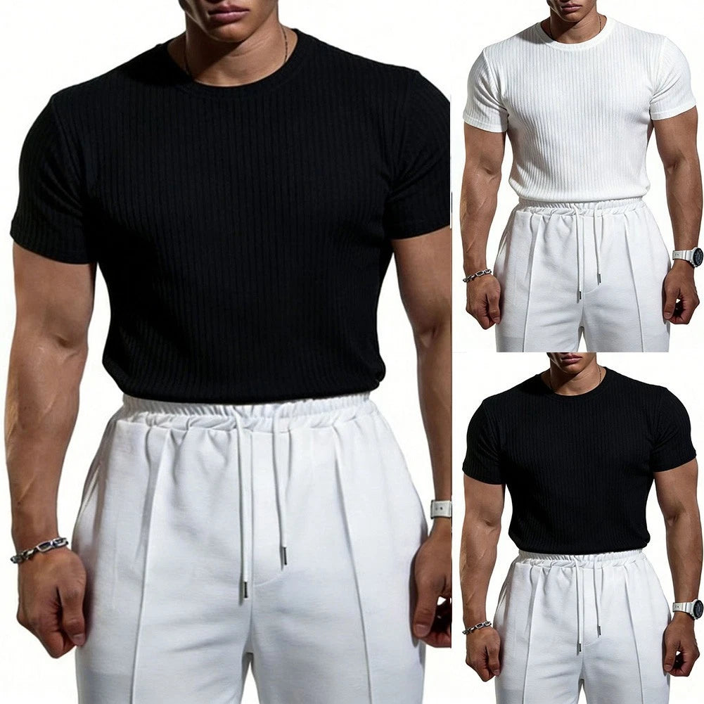 Ribbed Texture Crew Neck T-Shirt Men Slim Fit Short Sleeve for Training